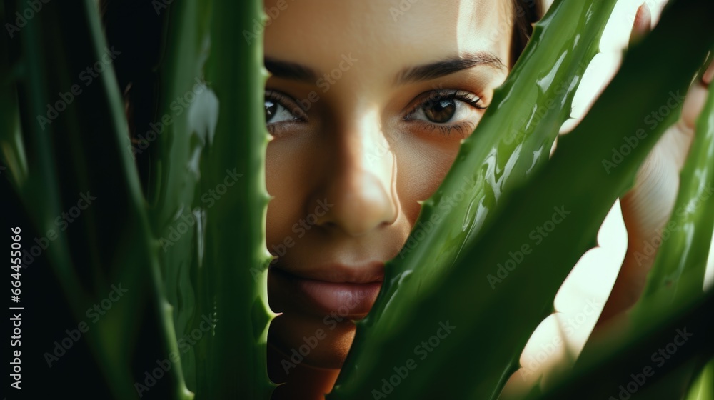 Close up portrait of a beautiful woman behind aloe vera plant Close up portrait of a beautiful woman behind aloe vera plant