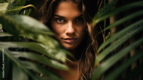 Close up portrait of a beautiful woman behind tropical leaves
