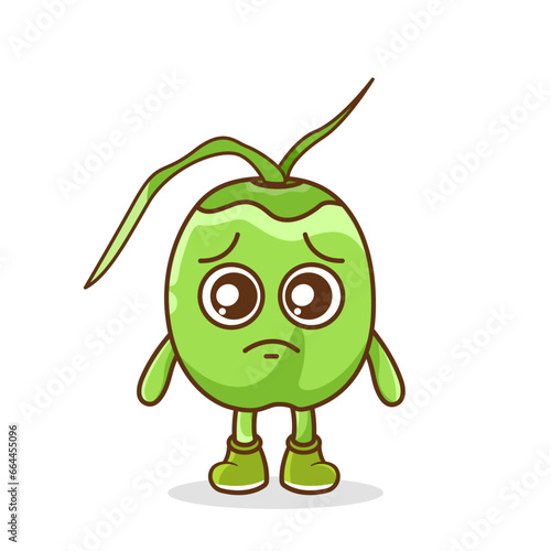 Cute sad green coconut fruit character, green coconut character with sad emotion, face, depressive eyes