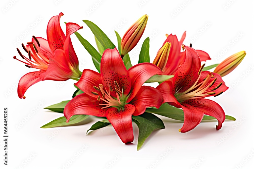 Red Lilies isolated on white background.