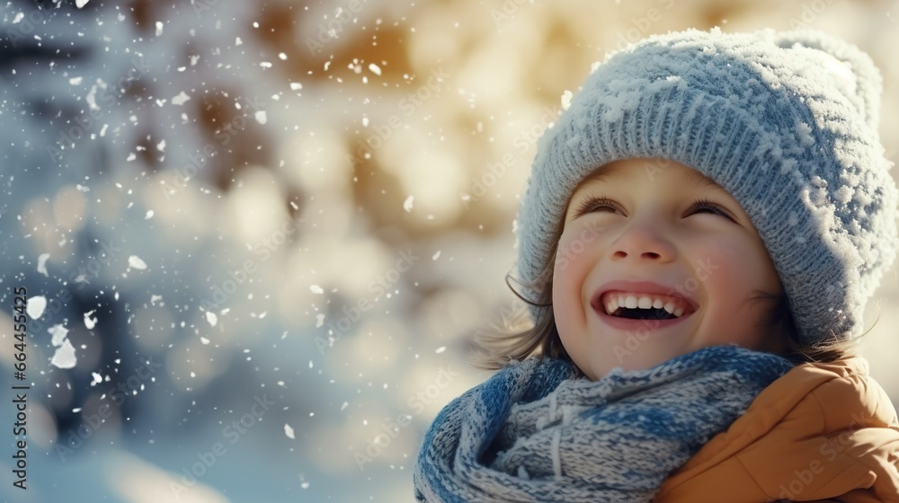 Cheerful child catches snowflakes with his tongue in close-up. Walking during a snowfall Cheerful child catches snowflakes with his tongue in close-up. Walking during a snowfall
