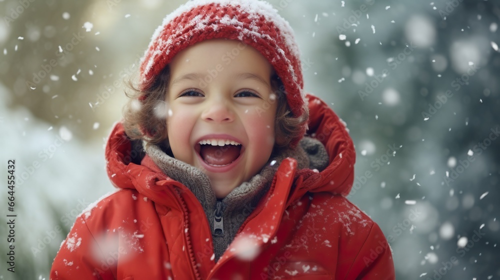 Cheerful child catches snowflakes with his tongue in close-up. Walking during a snowfall Cheerful child catches snowflakes with his tongue in close-up. Walking during a snowfall