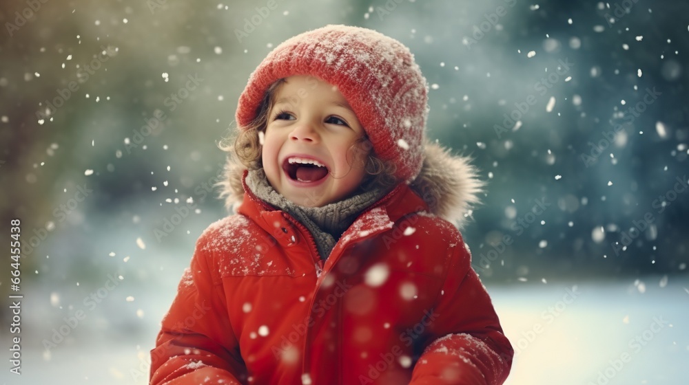 Cheerful child catches snowflakes with his tongue in close-up. Walking during a snowfall Cheerful child catches snowflakes with his tongue in close-up. Walking during a snowfall