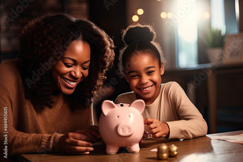 Happy mother and daughter saving money for their financial future in a piggy bank.