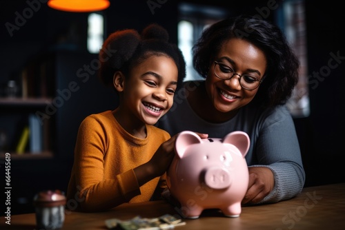 Happy African American mother and daughter saving money together in a piggy bank, ensuring financial security.