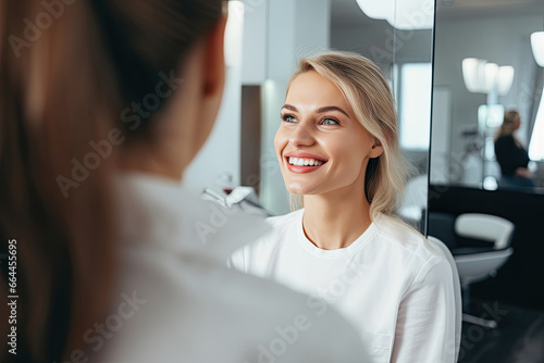 Happy and attractive young Caucasian woman in a beauty salon enjoying a fresh, natural look after beauty treatments.
