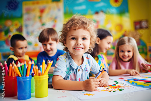 A group of adorable and creative preschool children are doing arts and crafts in a colorful classroom.