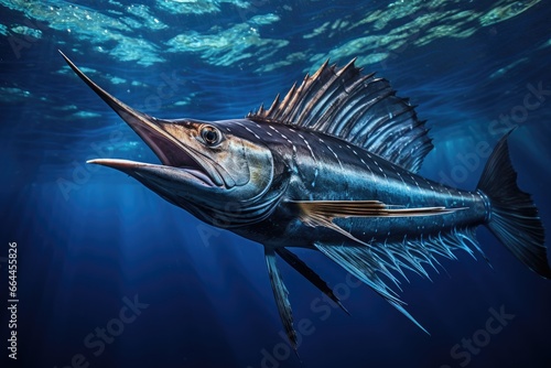 Underwater in the deep blue sea, large wild tuna swim, part of the vibrant marine life.