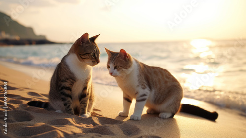 Two cats on the beach, sunny sunset weather © wojciechkic.com