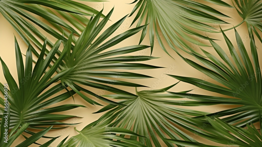 Tropical foliage in top view with a sand-colored background. Lay flat. Simple summer design featuring a palm tree leaf