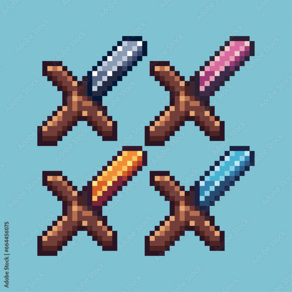 Pixel art sets of sword weapon with variation color item asset. Simple bits of sword on pixelated style. 8bits perfect for game asset or design asset element for your game design asset.