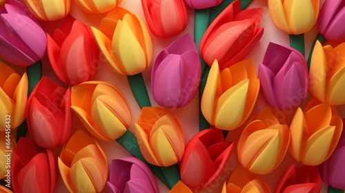 Tulip blooms arranged artistically over a vivid background. Lay flat.