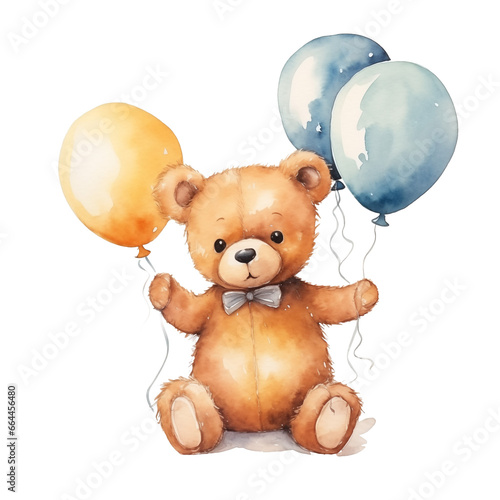 Watercolor cute childish bear with balloons isolated on transparent background.
