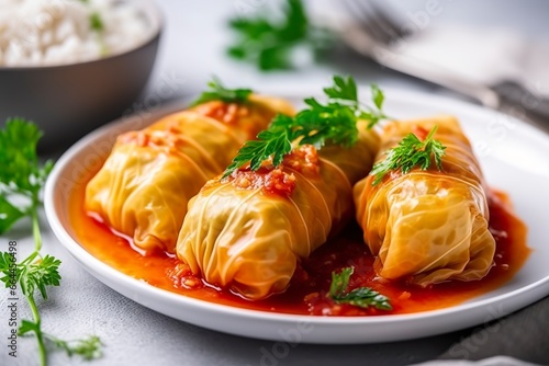 Stuffed cabbage with rice on a white table.