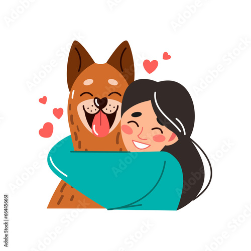 A cute girl cuddles with an adorable dog. Dog owner and pet together. A flat vector illustration for a mobile application or website