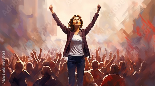 A woman activist stands with her hands raised for her cause among protesting people