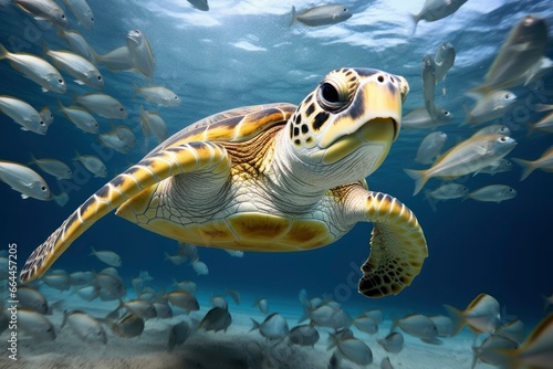 Turtle closeup with school of fish. © MSTASMA