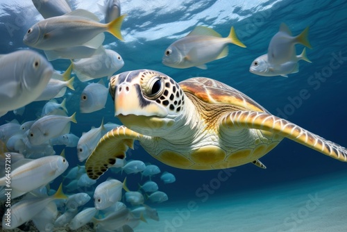 Turtle closeup with school of fish. © MSTASMA