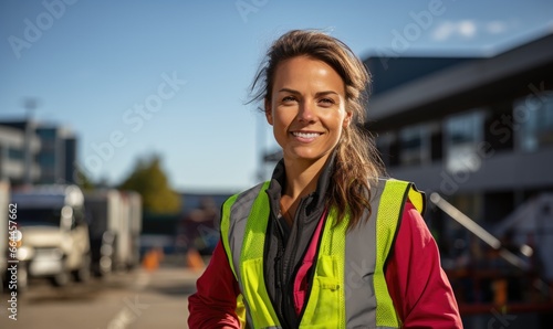 Portrait confident woman wearing safety vest. Smiling female working in Transport Industry.
