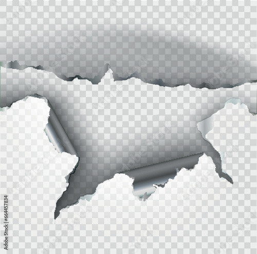 ragged Hole torn in ripped metal, paper  on transparent background. Vector illustration