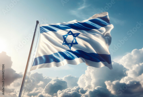 Israel flag waving on a pole, sky background. AI generative photo