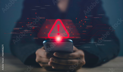 Warning alert and  antivirus system software detection concept.  Emergency warning notification Virus, Spyware, Malware or Malicious software. Cyber security and cybercrime. photo