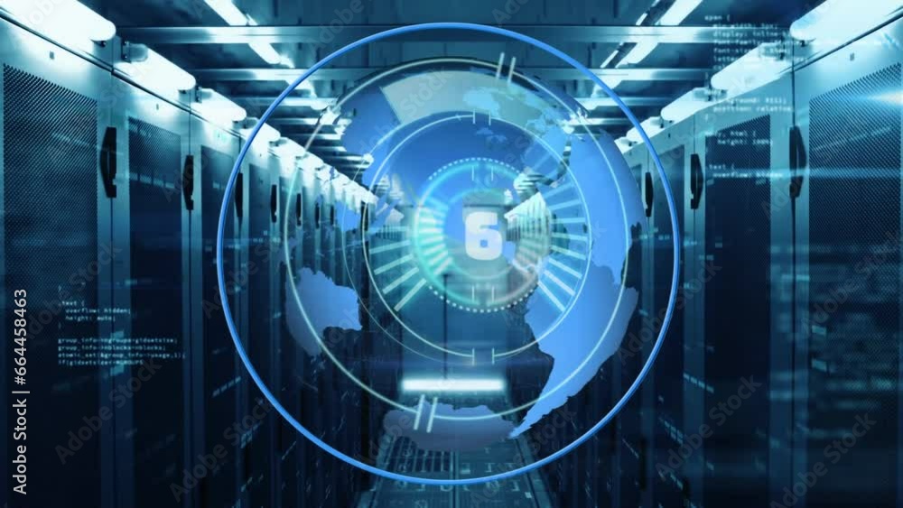 Animation of countdown on round scanner, spinning globe and data processing against server room Animation of countdown on round scanner, spinning globe and data processing against server room
