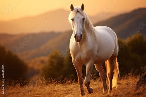White horse or mare in the mountains at sunset. © MSTASMA