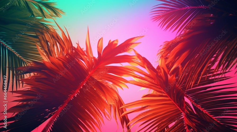 unique painted tropical palm palms against a vibrantly colored tropical background. Summertime minimalist clothes concept. Lay flat.