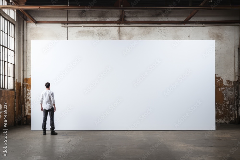Man looking at blank white poster in warehouse. Copy space Man looking at blank white poster in warehouse. Copy space