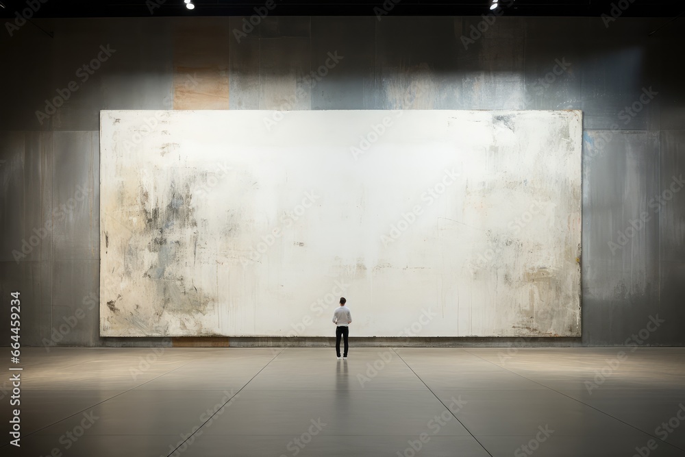 © Faith Stock - Man standing in front of the white wall in the gallery, back view, copy space © Faith Stock - Man standing in front of the white wall in the gallery, back view, copy space