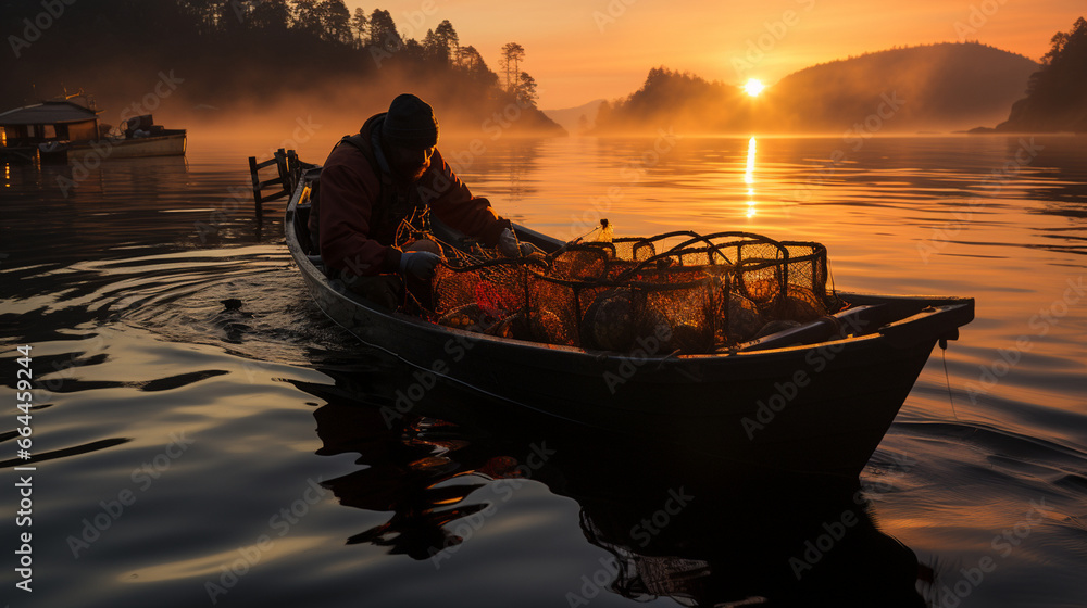 A lobster fisherman at sunrise, pulling a trap from the Atlantic waters off the coast of Maine, a testament to the dedication of those who harvest seafood - obrazy, fototapety, plakaty 