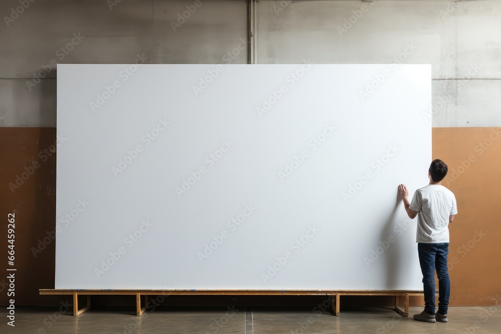 Man looking at blank white poster in industrial interior. Copy space Man looking at blank white poster in industrial interior. Copy space