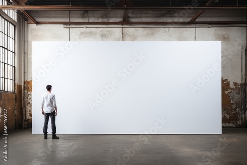 Man looking at blank white poster in warehouse. Copy space