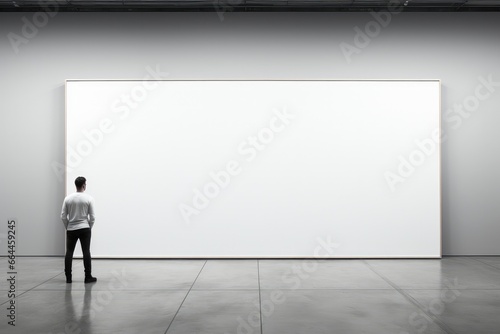 Man looking at blank white poster in industrial interior. Copy space photo