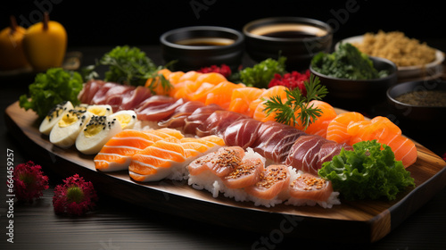 A sophisticated sushi platter adorned with meticulously crafted rolls and sashimi, a delightful marriage of artistry and flavor