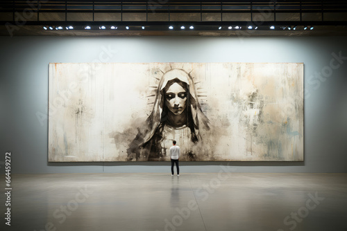 Religious contemporary art. Graffiti representing Mary, man standing in front of the artwork. Copy space