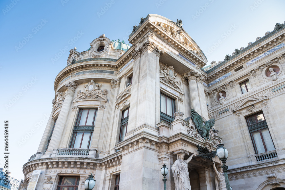 Exterior details of Opera Garnier in Paris also known as Palais Garnier, It was built for the Paris Opera from 1861 to 1875