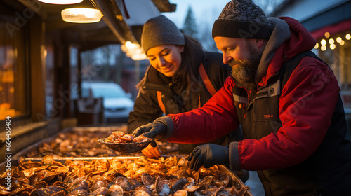 A bustling waterfront market where a fishmonger offers a customer a choice of the day's catch, highlighting the importance of freshness in seafood © Наталья Евтехова