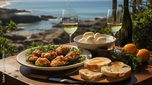 A tranquil coastal cove where seagulls soar overhead, a picturesque backdrop for a seafood picnic featuring crab cakes and chilled chardonnay