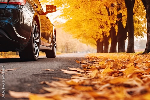 Car on asphalt road on an autumn day at the park. © MSTASMA