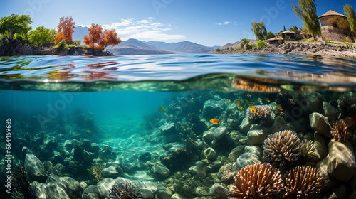 A serene underwater view of a colorful coral reef, home to a variety of seafood, providing both sustenance and breathtaking marine life