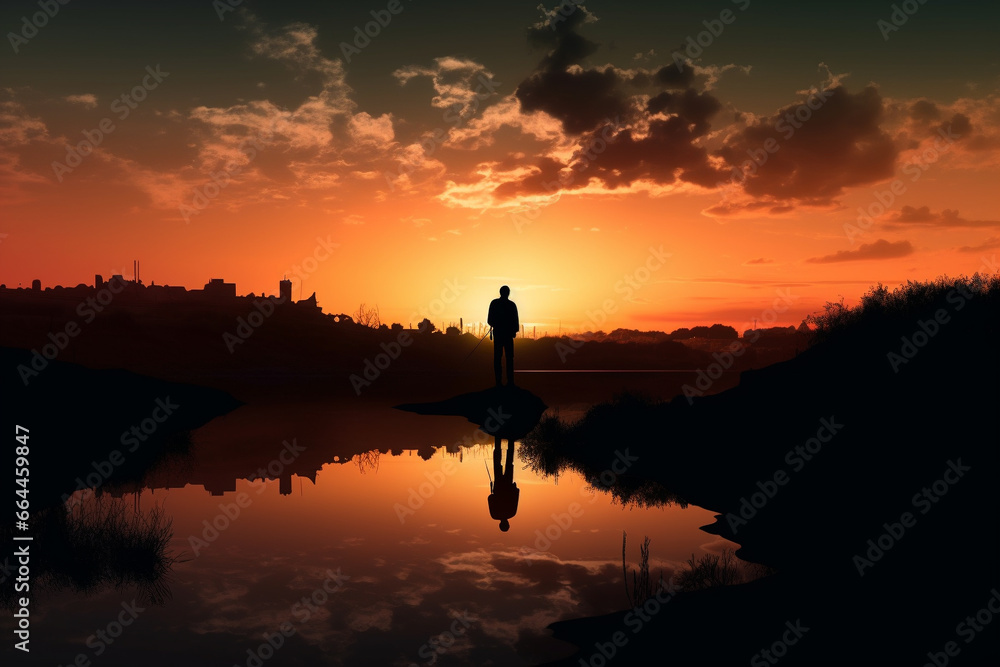 Silhouette against the sunset. AI Generated