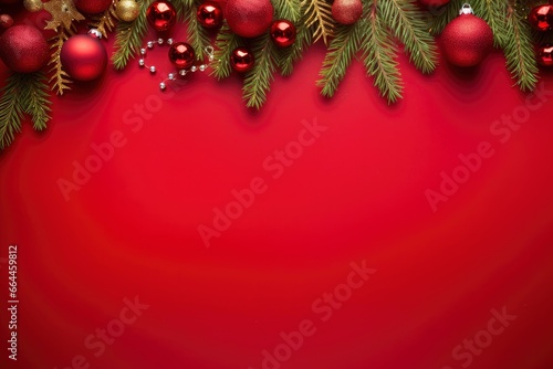 Christmas or New Year red background with fir decor.
