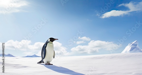 Penguin standing in Antarctica looking into the blue sky.