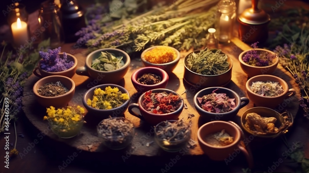 Various natural herbs in a tea cup. Simple, flat-lay concept.