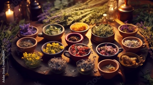 Various natural herbs in a tea cup. Simple, flat-lay concept.