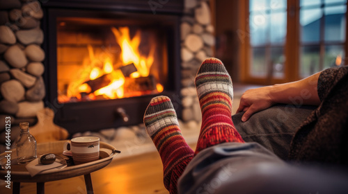 Cozy Winter Retreat: Point of View of Warm Feet Covered with Knit Socks Relaxing by the Fireplace in a Cabin © Michael_G