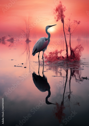 Long-necked Egret Illuminated by Red   Pink Sunlight in Calm Wetland - Representing Serenity  Grace   Wildlife Wonder.
