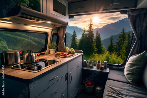 a camper van with a scenic mountain view from the window. The van is furnished with a stove, sink, cabinets. There are plates and cups on the counter and a kettle on the stove